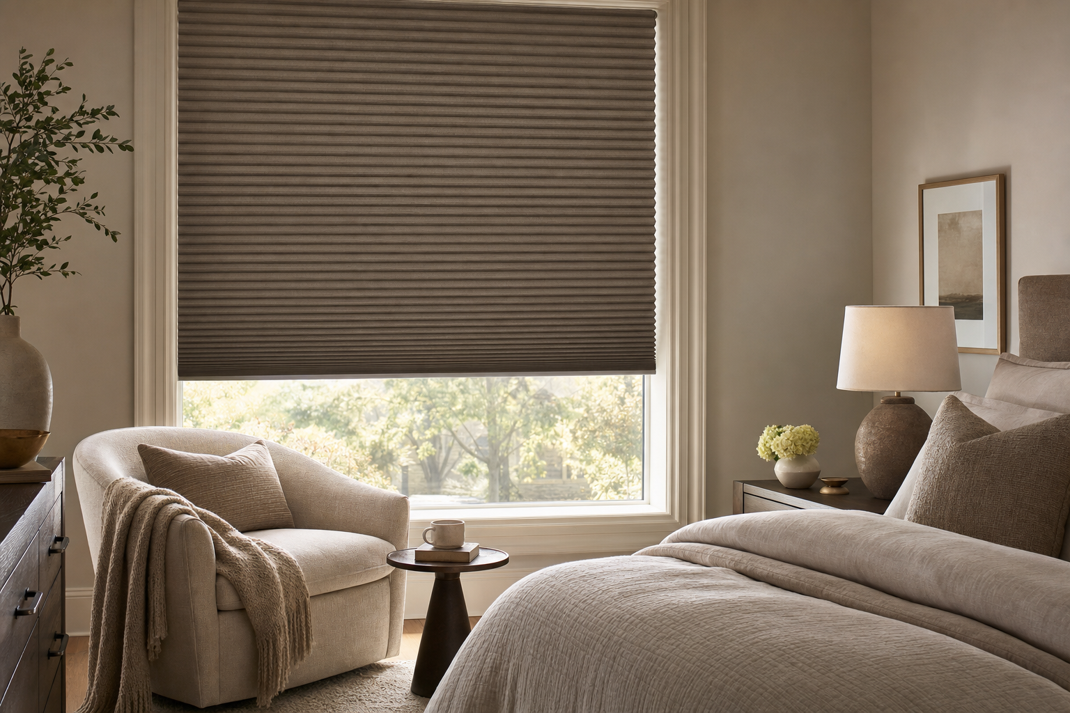 Darker honeycomb cellular shade in a bedroom.