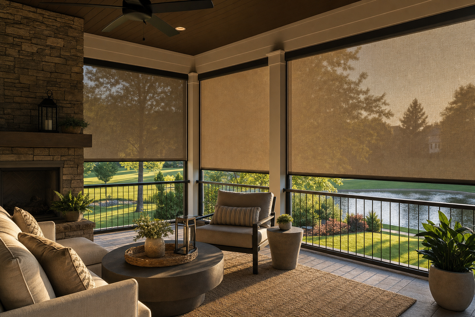 Motorized outdoor shades on a covered patio.