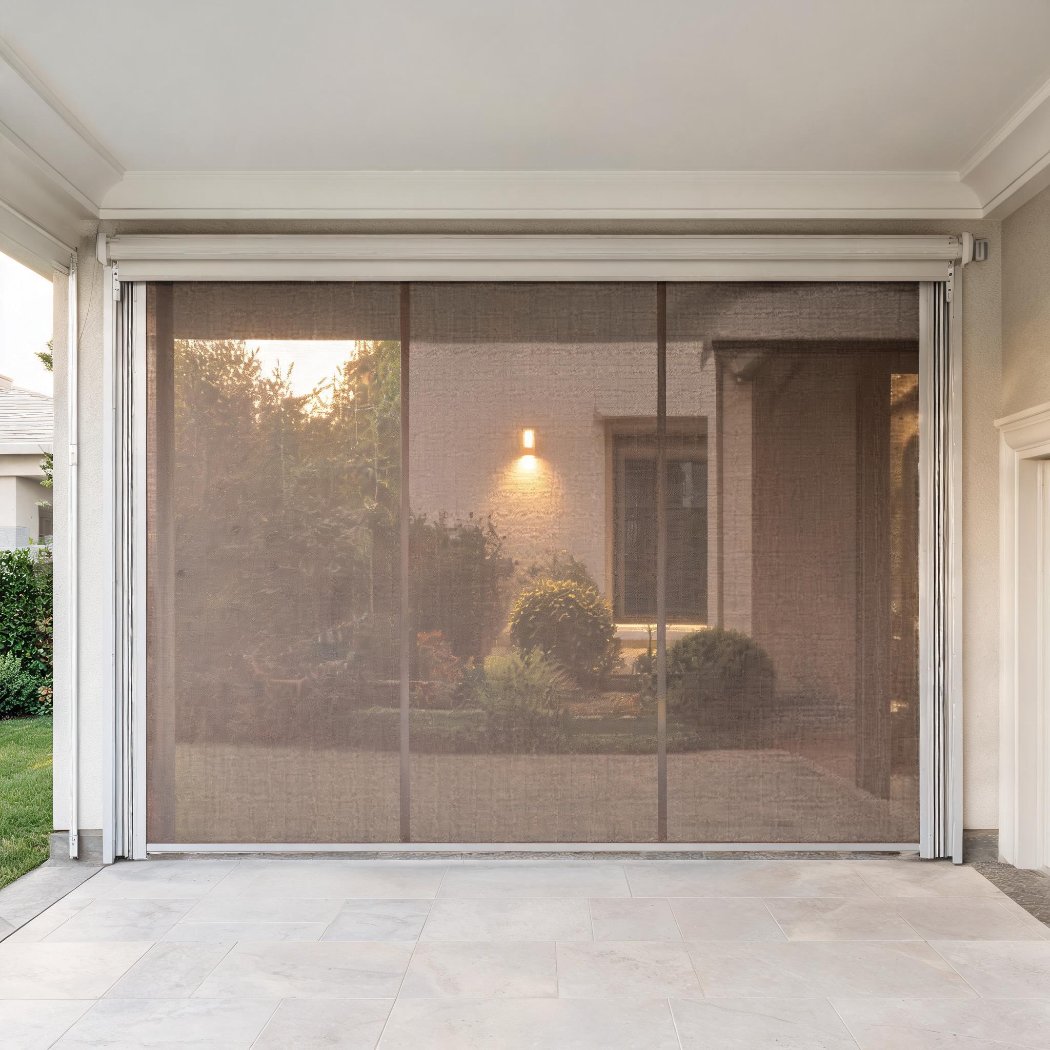 Outdoor screen shade with warm taupe mesh.