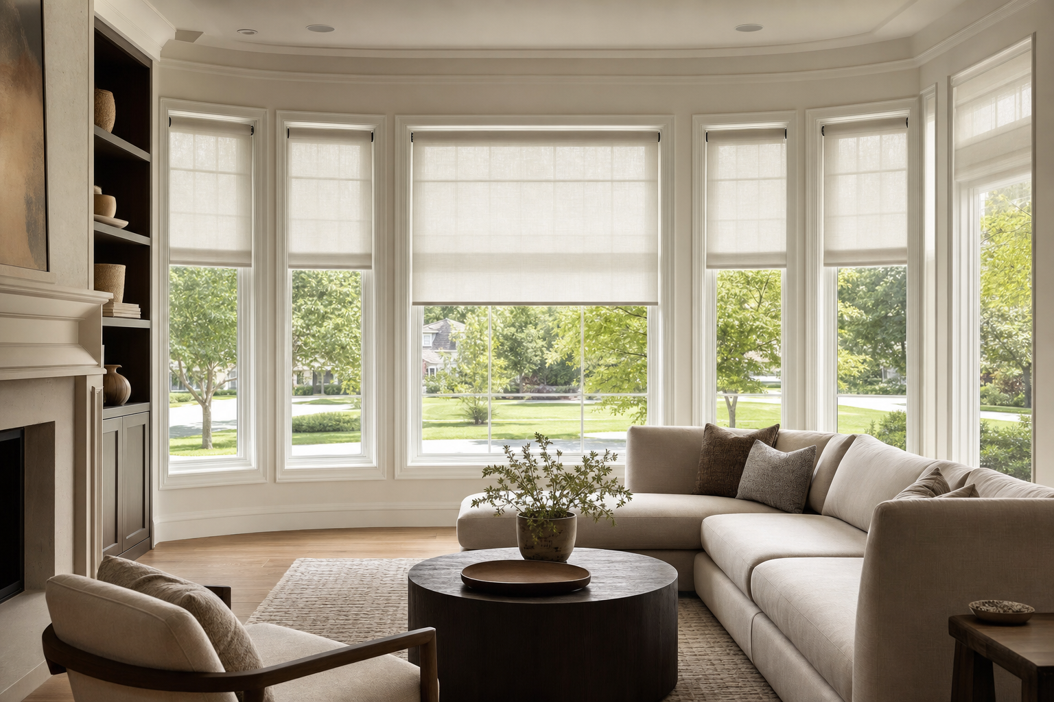 Roller shades in a bright living room setting.