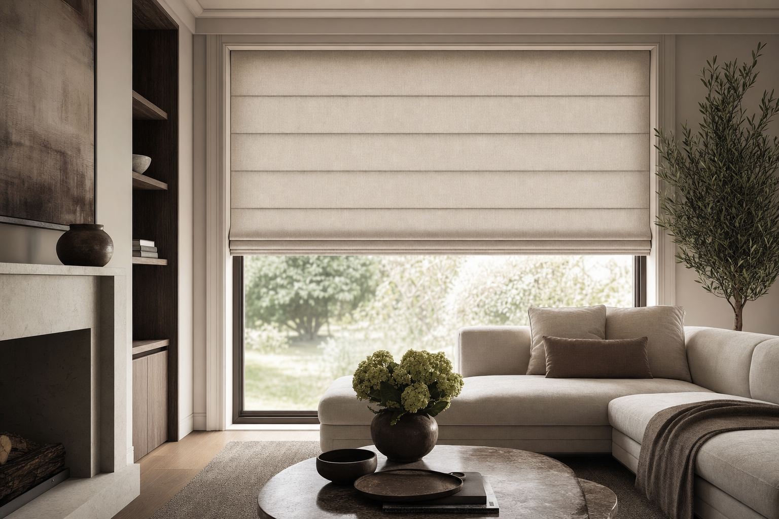 Elegant flat roman shade in a refined bedroom.