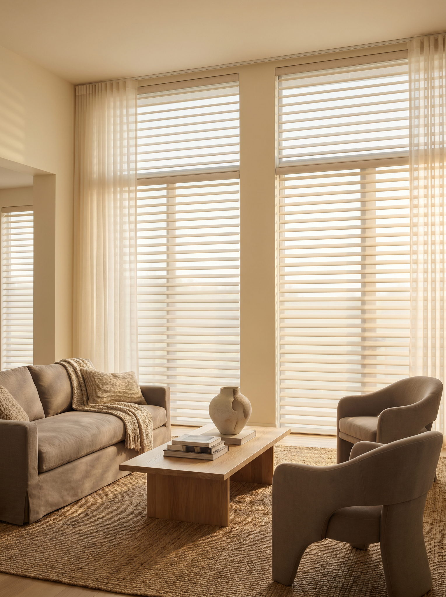 Sheer shades in a warm dining room.