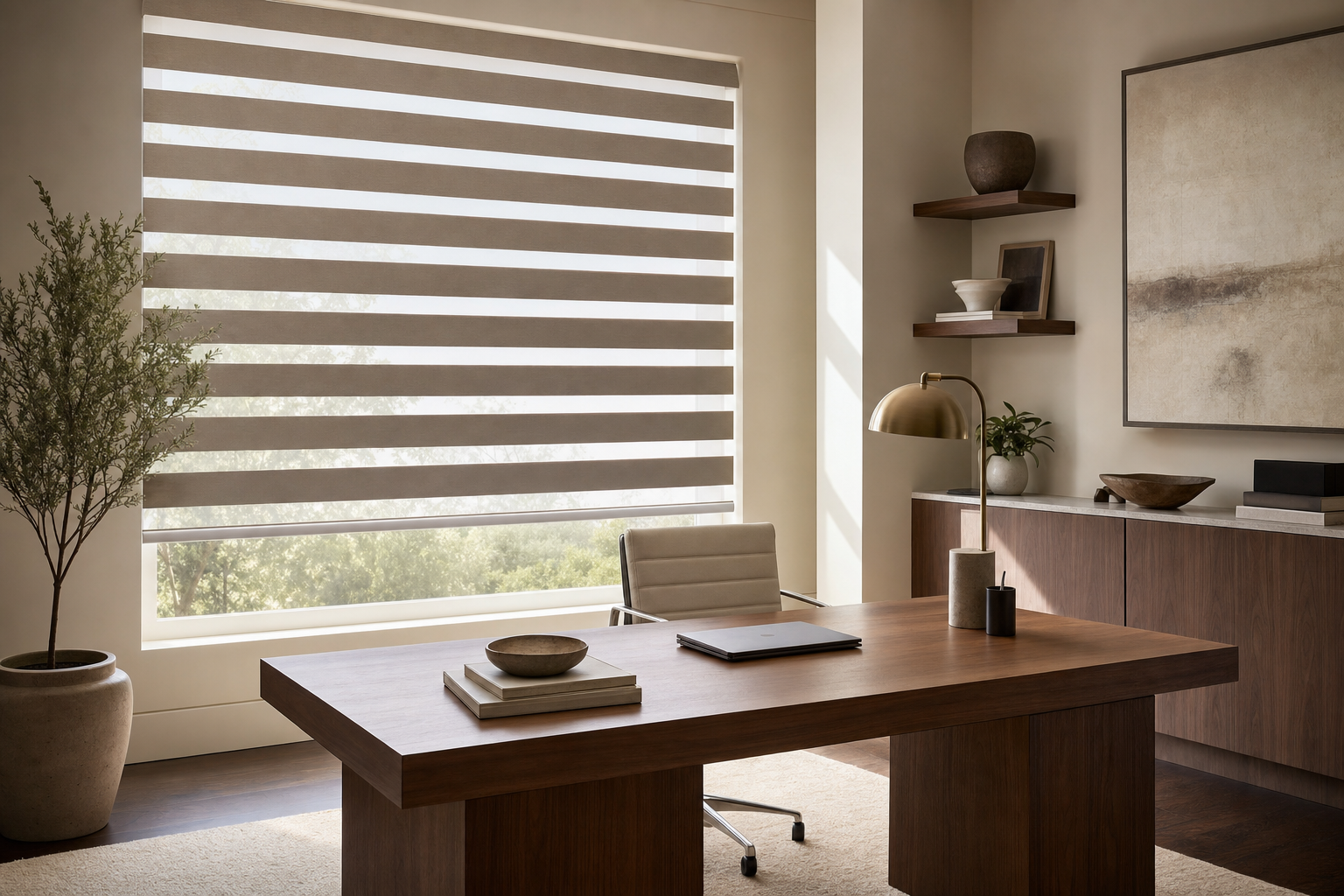 Zebra banded shades in a modern office.