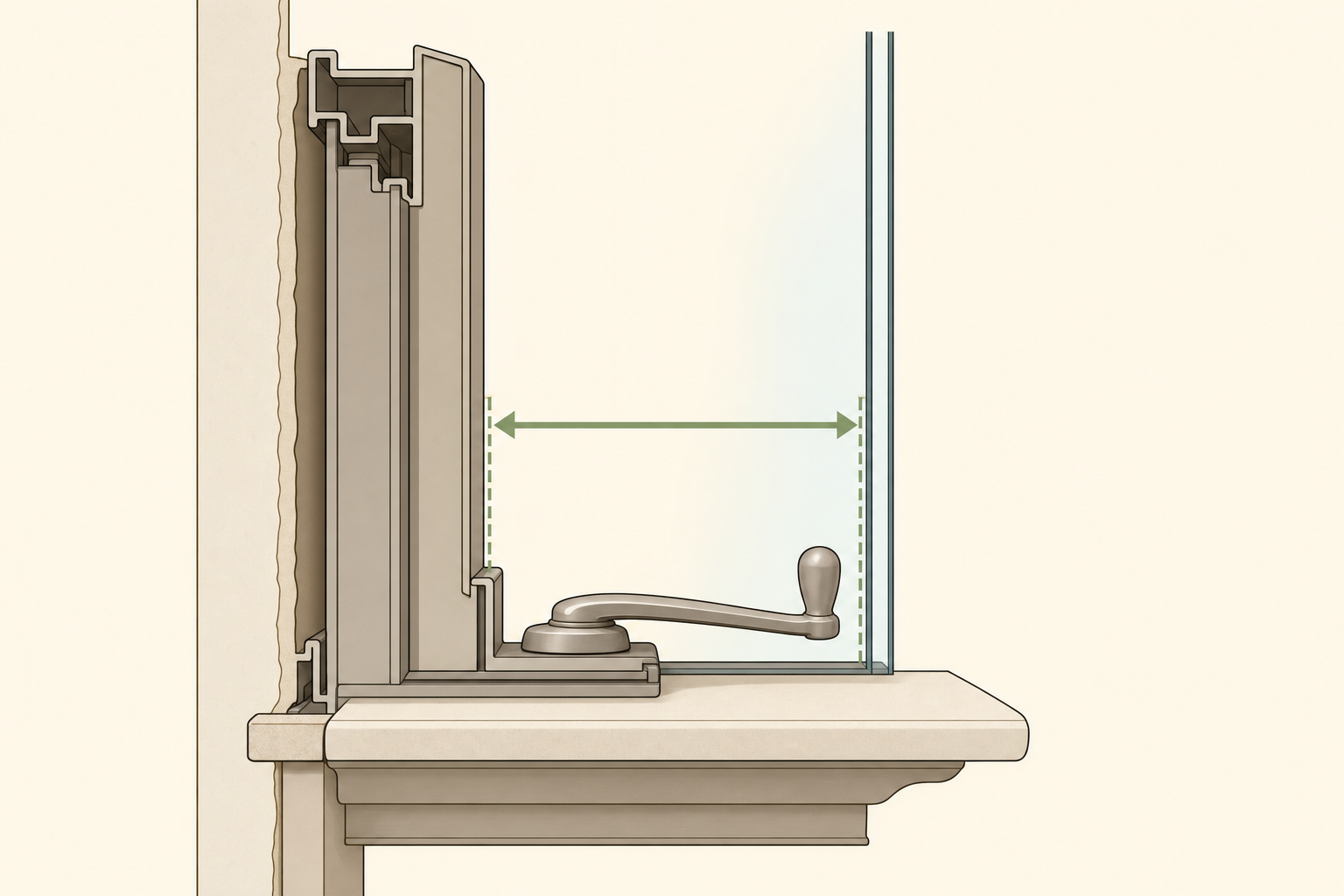 Diagram showing window frame depth and obstruction check.